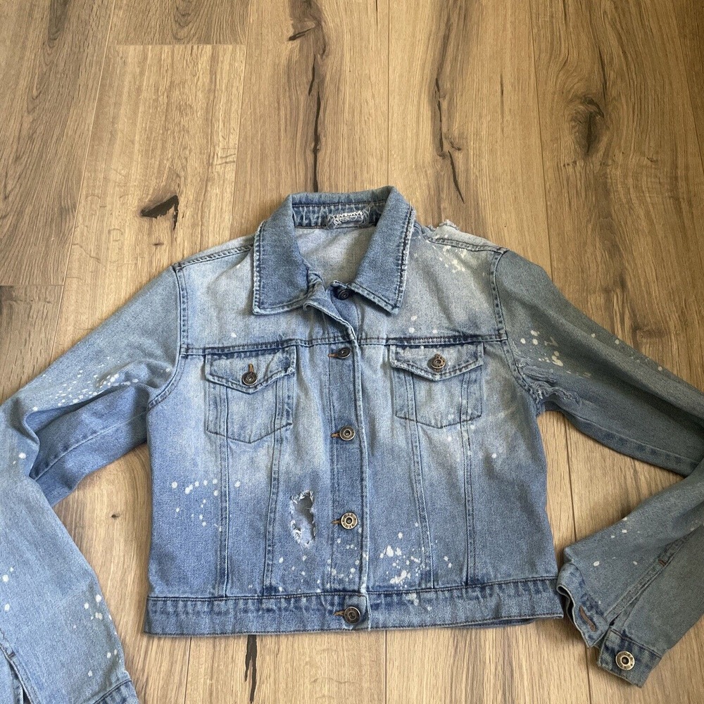 LF Carmar Cropped Heavily Distressed Denim Jacket Size Medium Grunge Boho EUC